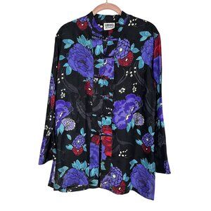 Retro Silk Floral Asian Tunic Black S Black Mandarin Frog Knot Artsy Cottage